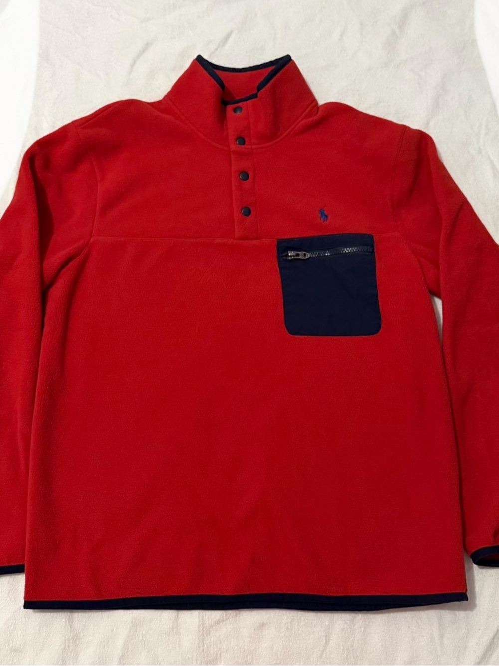 Ralph Lauren Red Fleece Pullover with Navy Pocket Trim